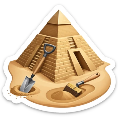An icon showing archaeological tools like a trowel, brush, and pickaxe placed on sandy ground, with an Egyptian pyramid in the background. The design symbolizes excavation and discovery of ancient history, blending tools and iconic landmarks. Transparent background. sticker