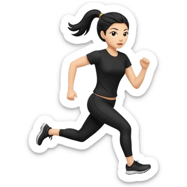 Full body showing White woman running forward to the camera black hair on a ponytail wearing black clothes sticker