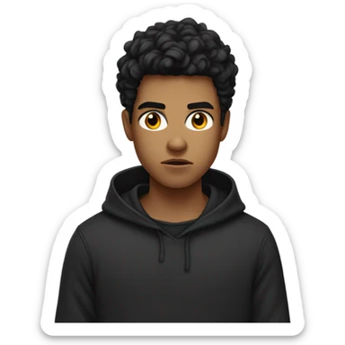 a young male with medium skin and curly black hair, wearing a black hoodie, angry expression sticker