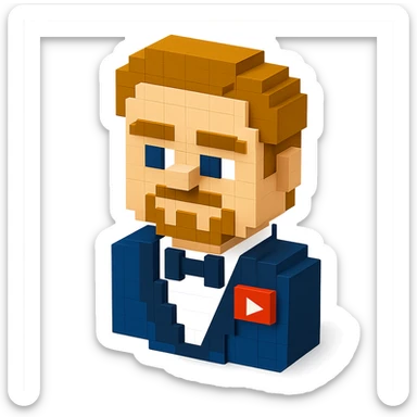 voxel style Leonardo DiCaprio with a YouTube play button pin on his suit, isometric view sticker