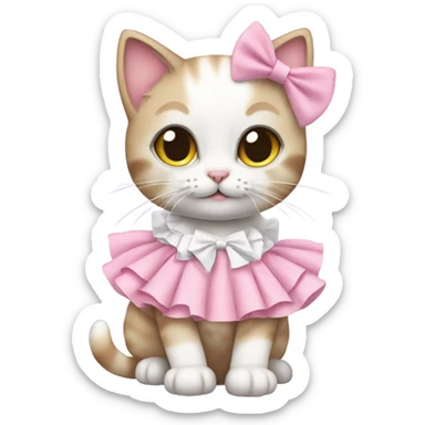 Kitten dressed in cute frilly pink and was white clothes with a bow sticker