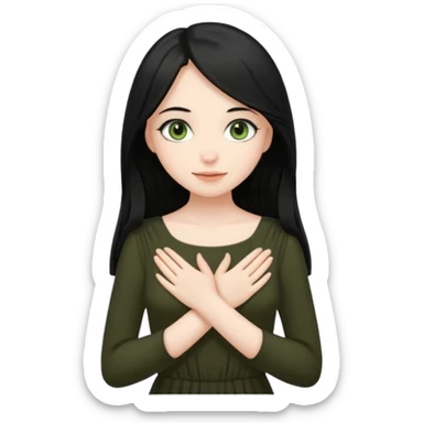 Pale girl with long black hair and olive green eyes soft smile wearing black dress and holding hands over her chest sticker