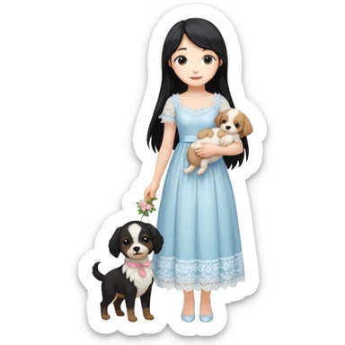 Pastel anime lady long hair with long lace dress full body holding puppy sticker