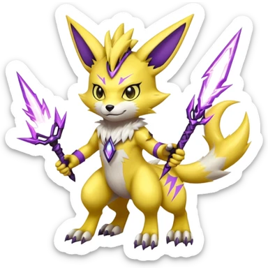 Furry Anthropomorphic Yellow Renamon-Zeraora-Toxtricity-Pokémon-Digimon-Fakémon-fusion with purple lightning-bolt-markings, and facial markings sticker