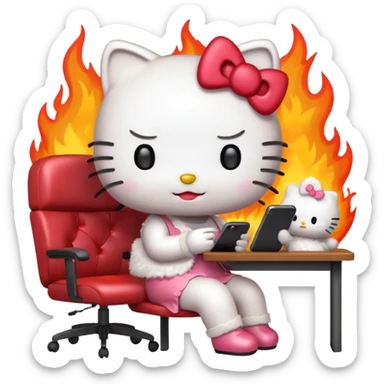 Apple-style emoji illustration of hello kitty character calmly sitting at an office desk, looking at a smartphone and looking relaxed, while the office behind her is subtly on fire. sticker