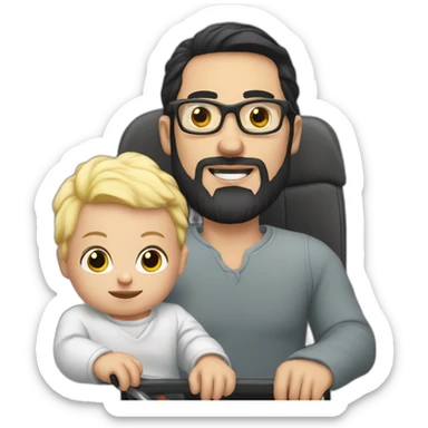 White man with Black hair,  beard and glasses pushing buggy with blonde baby sticker