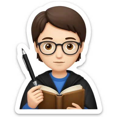 writer holding pen and book sticker