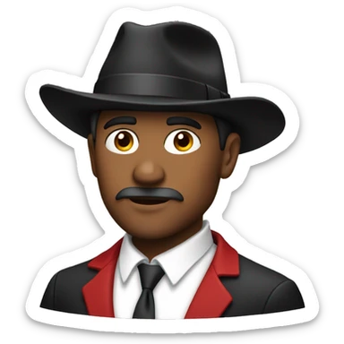 A man with a black hat and a red mustang  sticker