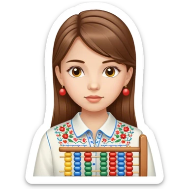 A Ukrainian girl with brown hair in an embroidered shirt holds an Abacus sticker