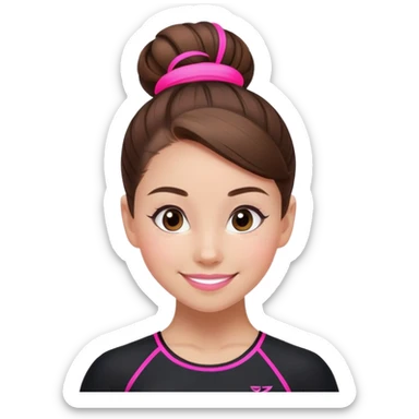 Happy female gymnast with brown hair in a neat bun, wearing a black uniform with neon pink elements. sticker