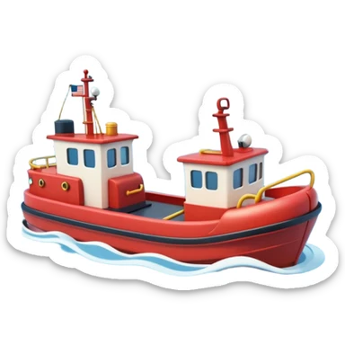 A 3D cartoon tugboat towing another boat on calm blue water, soft waves, clear sky, Memoji-style. sticker