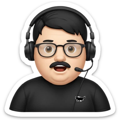"A cartoon-style emote of a chubby streamer with black hair, mustache, and glasses, wearing a headset and a black Puma shirt. He has a shocked facial expression with wide eyes and an open mouth.

 sticker