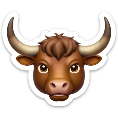 Cinematic Noble Domestic Ox Portrait Emoji, Poised and stalwart, with a massive, muscular build and a thick, smooth hide in deep earthy tones, prominent, curved horns, and steady, soulful eyes, Simplified yet sharp and sophisticated features, highly detailed, glowing with a warm, dignified glow, high shine, intelligent and dependable, stylized with an air of timeless strength, focused and attentive, soft glowing outline, capturing the essence of a watchful and confident ox that feels as though it could plod out of the screen with effortless authority! sticker