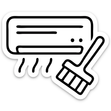 outlined icon of air conditioning cleaning with an AC unit and a cleaning brush sticker