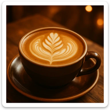 a beautiful coffee latte with a leaf latte art design, warm and inviting atmosphere sticker