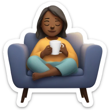 An image of a person relaxing on a comfy chair with a blanket, a cup of tea, and soft lighting, creating a peaceful atmosphere sticker