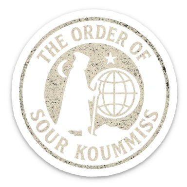 A grunge-style 90s logo for 'The Order of Sour Koumiss' with distressed edges and a mysterious travel theme, black and white sticker