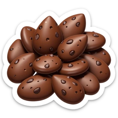 cluster of chocolate chips, scattered, teardrop shape, glossy dark brown, rounded point, subtle reflections, solid and dry, 3D clean style sticker