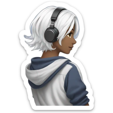 anime girl from behind with headphones on toes and white hair sticker