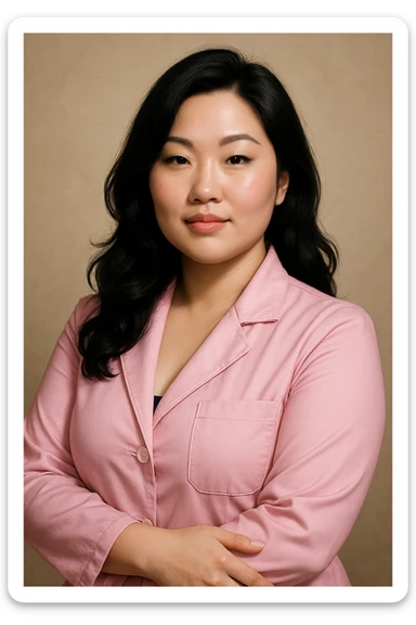 A beautiful white woman, Asian style, with black hair, curvy figure, wearing a pink lab coat, looking confident. sticker