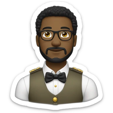 black soldier with beard, part in black hair, white collared shirt, bow tie, gold frame glasses, bulletproof vest  sticker