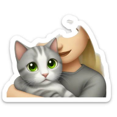 Blonde girl cuddling with a grey cat with green eyes sticker