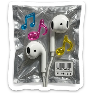 pair of white EarPods with three floating glass music notes in blue, pink, and yellow, shiny and puffy sticker