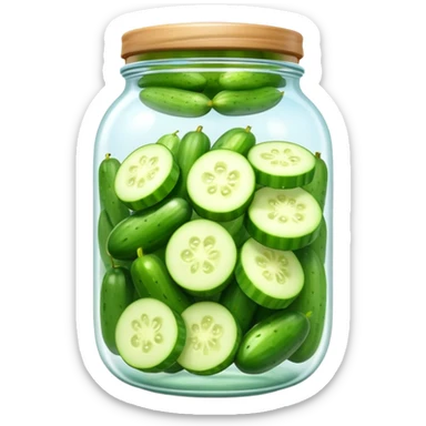 Emoji jar with cucumbers inside, designed like an apple iOS emoji. cucumbers should be lightly detailed in the brine. The whole illustration has a soft 3D effect, with soft shadows. the background is transparent. sticker