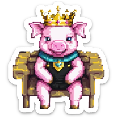 cartoon-like playful pixel art pig with a golden crown sitting on a throne, blocky and square like Minecraft, very few pixels, simple and charming sticker