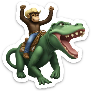 An chimp riding and alligator at the rodeo sticker