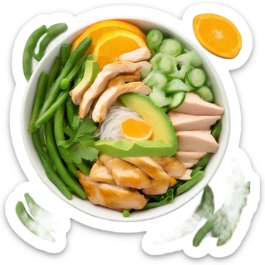 Poke bowl with chicken, avocado, orange, cucumbers and green beans; side view sticker