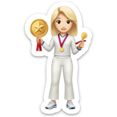 happy girl in white pants with a gold medal and a diplome sticker
