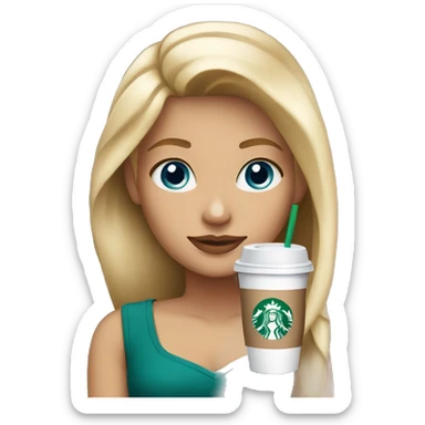 blonde girl blue eyes with Starbucks cup drink sticker