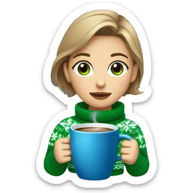 Light brown short haired girl with green eyes drinking coffee wearing blue Christmas sweater sticker