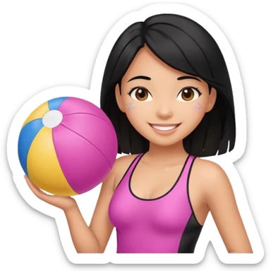 Hawaiian girl with black hair with pink highlights and a swimsuit, with beach ball sticker