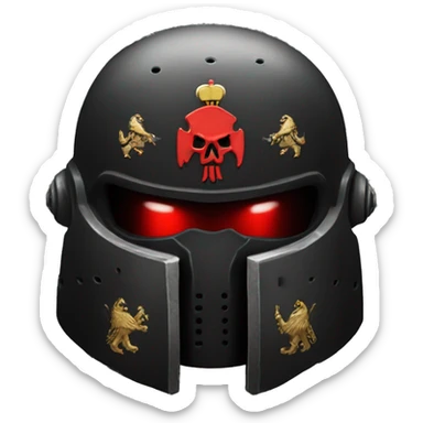 Black Space Marine helmet with red lenses, featuring the Russian coat of arms. sticker