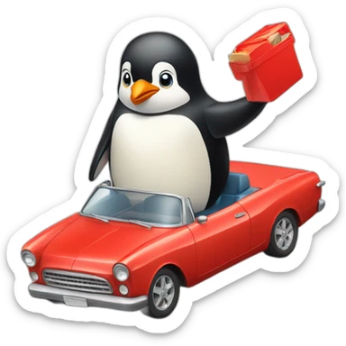 Penguin with red matchbox car sticker