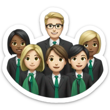 Many school  wyhite students and teacher in black blue school costume and green tie  sticker