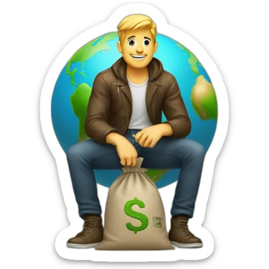man sitting on globe with money bag sticker