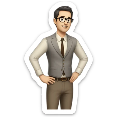 Full height Actively gesturing with hands Pale skinned fit man with dark brown hair in gray jacket, beige office shirt, brown tie, brown pants and vintage glasses. sticker