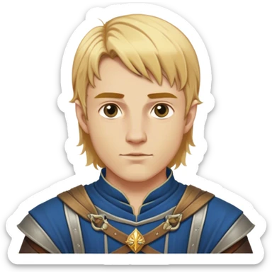 Medieval summer outfit worn by a DnD themed fantasy male character. Character has golden blonde hair cut in an even, symmetrical style that falls precisely to the jawline, with a perfectly centered part and identical lengths on both sides. sticker