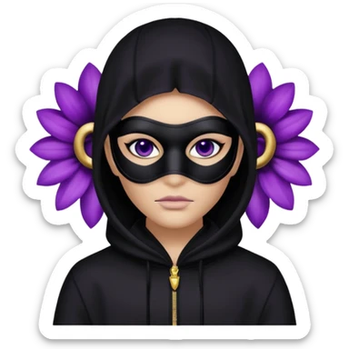 no visible face non human cartoon character related to a shadow, with all black clothes, focusing a black hoodie, and a black versace face mask covering his entire face, just his purple shadow eyes making a light bloom sticker