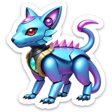 Mechanical Sparkly Glittery Nebulae Beautiful Gorgeous Pretty Pastel Hot Exotic Lush Warm Cute Adorable Colorful Shiny Iridescent Futuristic Modern Cybernetic Scarameow-Protogen-Vernid-Fakémon-Pokémon-creature-fusion (full body) sticker