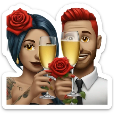 Hyper Realistic tattooed couple drinking champagne with red roses  sticker