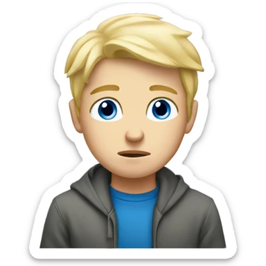 Blonde white boy with blue eyes upset studying sticker
