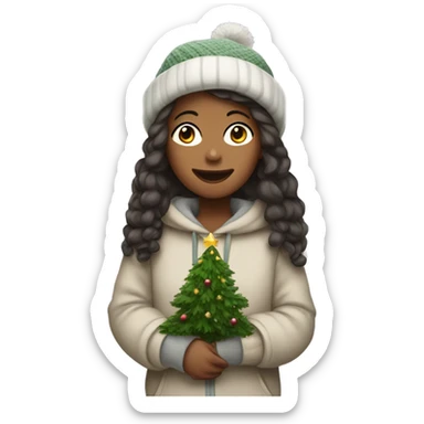 A girl wearing cozy clothes with a Christmas tree sticker