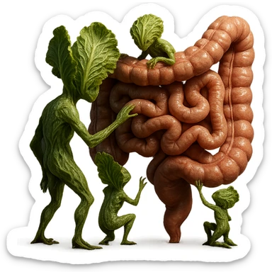 Ultra-realistic 4K illustration: stylized lettuce leaves depicted as plant-like creatures interacting with a human anatomical model of the intestine. The scene is surreal and scientific, with organic textures, refined biological details, dramatic lighting, and a bio-fantasy photorealistic style sticker