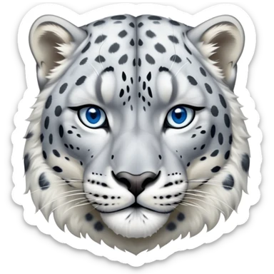 Cinematic-Noble-Snow-Leopard-Portrait-Emoji – Poised and majestic, with a muscular, agile build and a beautifully patterned coat of soft white and grey fur, marked with striking, deep-set, intelligent icy blue eyes, simplified yet sharp and sophisticated zoomed out showing the shoulders sticker