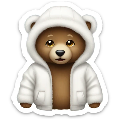 cute cuddly baby bear wearing a white fluffy jacket with a hood sticker