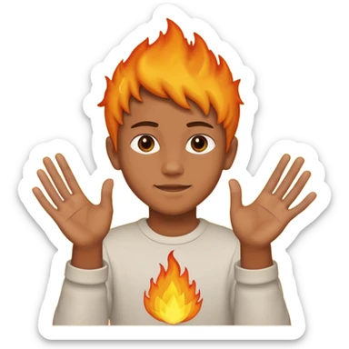A boy with his entire hands made out of fire sticker